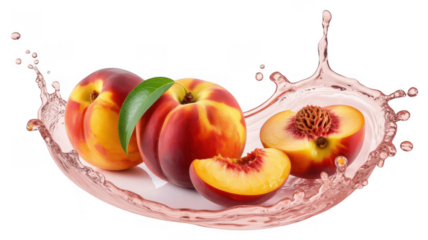 Ripe peaches with a splash of pink liquid and a green leaf isolated on a transparent background
