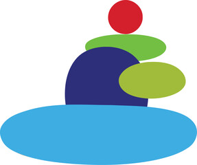 Abstract colorful geometric shapes stacked in a balanced tower formation with a bright red circle on top against a white background