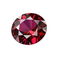 Round cut faceted red gemstone with deep pink and bright red hues isolated on a transparent background