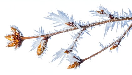 Close-up of a twig with emerging buds encrusted in intricate, icy frost crystals