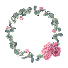 Wreath of peonies and eucalyptus branches. Hand-painted watercolor illustration isolated on white background. Perfect for wedding invitations, branding, packaging, stationery, botanical design project