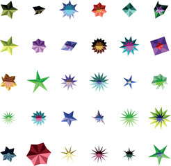 A diverse collection of colorful multifaceted geometric shapes arranged neatly on a clean white field