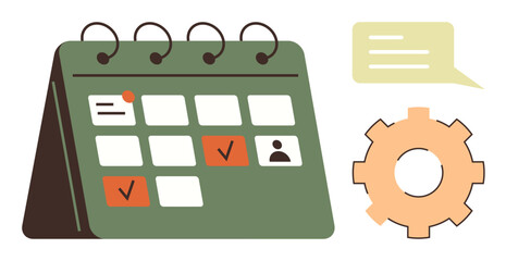 Desk calendar scheduling tasks with tick marks, user, notification icon, speech bubble, and cogwheel. Ideal for planning, time management, teamwork, reminders productivity organization simple flat
