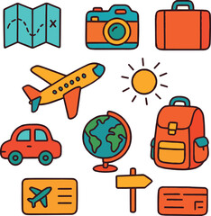 Colorful vector set of travel-themed doodles including vacation icons, transport, luggage, maps, landmarks and accessories. Bright hand-drawn illustration perfect for travel designs, planning, sticker
