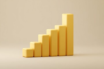 Yellow 3d bar chart showing upward growth against beige background.