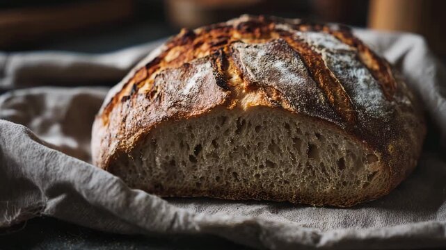 Artisan bread is shown resting on a linen cloth, highlighting its golden crust and soft interior texture in a bright kitchen environment