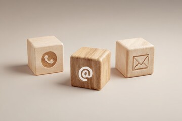 Fototapeta premium Wooden blocks show contact icons for phone email and mail.