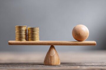 Wooden balance scale showing unequal weight between coins and a sphere.