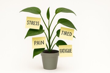 office syndrome concept, Houseplant with sticky notes showing stress pain tired and fatigue concepts