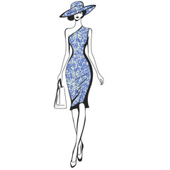 Illustration of Woman Wearing Hat and Dress