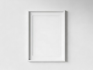 Empty white vertical picture frame with white mat on a textured white wall, a minimalist design for artwork or photography display.