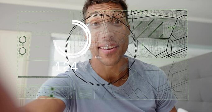 Man pulling hands from lens in bedroom, showing AR HUD with circular meter shifting readouts