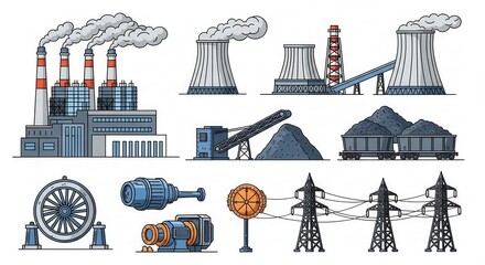 Detailed Line Art Illustration of Industrial Elements and Power Generation Infrastructure