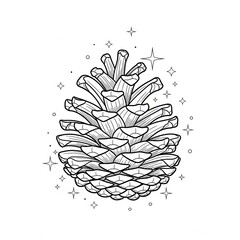 Detailed line art illustration of a pinecone with twinkling star accents isolated on white