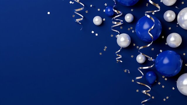 Blue and white balloons with silver streamers and confetti on dark blue background image
