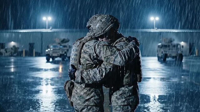 Two soldiers in camouflage uniforms embracing tightly in the heavy rain at night with military vehicles parked in the background under bright floodlights creating a