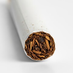 Detailed macro shot of a single cigarette, showcasing its granulated tobacco filling with filter tip