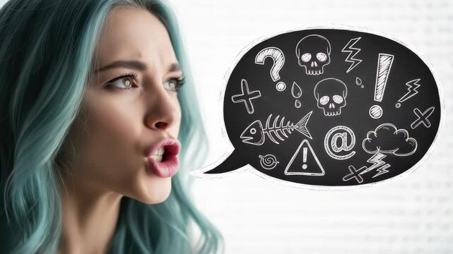 Young woman expressing frustration with colorful hair and a thought bubble filled with warning symbols 4k high quality footage