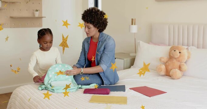 Child opening mint polka-dot backpack, caregiver guiding school packing while gold stars overlaying