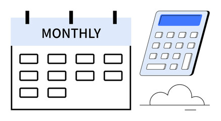 Financial planning, budgeting tools, business analytics, payment tracking, economic planning, expense management. A calendar labeled monthly with a calculator and cloud illustration. Financial