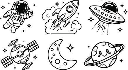 Space doodle set with cute astronaut, rocket, UFO, and planet line art icon, vector illustration