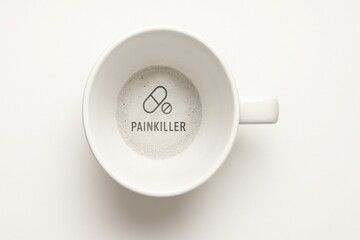 office syndrome concept, Empty white cup with painkiller text and pill icon inside on white background