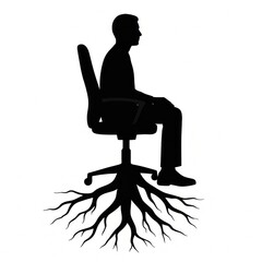 office syndrome concept, Silhouette of man sitting on office chair with roots symbolizing growth and stability