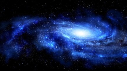 Fototapeta premium Bright blue spiral galaxy rotating across deep outer space filled with shining distant stars.