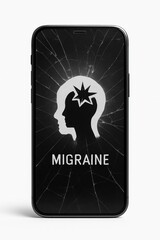 office syndrome concept, Smartphone displaying migraine concept with cracked screen background