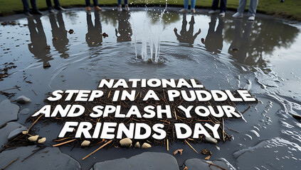 Fun National Step in a Puddle Day graphic featuring bold white text on a reflective puddle surface. 4K, HD