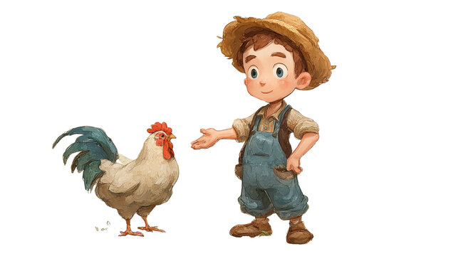 A curious young farm boy reaching out in friendship to a proud rooster in a classic on transparent background