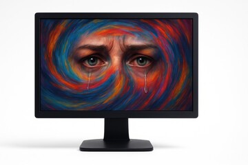 office syndrome concept, Digital painting of crying eyes with colorful swirling background on computer monitor