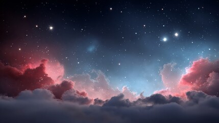Obraz premium Dramatic starry night sky filled with nebula and thick red and blue illuminated clouds above a dense cloud layer.