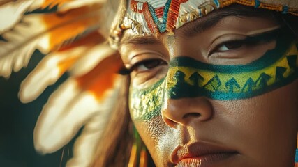 A close-up of a person with traditional indigenous makeup and headdress.