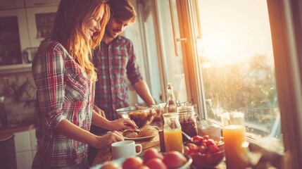 Happy young adult couple preparing breakfast on a sunny morning in a rustic home kitchen interior.