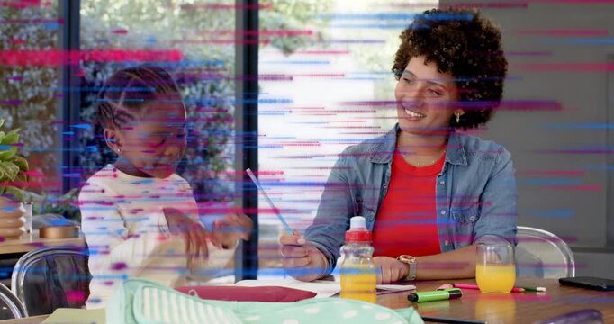 Woman pointing pencil to paper, guiding child counting for education, glitch lines obscuring view