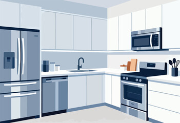 A modern, minimalist kitchen rendered in cool tones, featuring appliances and cabinetry