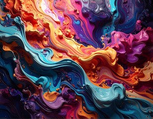 Vibrant abstract art, multicolored flowing paint swirls and textures