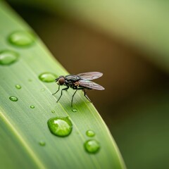 Detailed macro showing a fly perched on a lush green leaf dotted with dew drops
