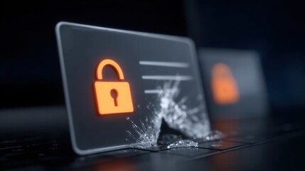 Suspicious financial request: Laptop showing an email asking for banking credentials, padlock icons on the screen visibly broken and cracked