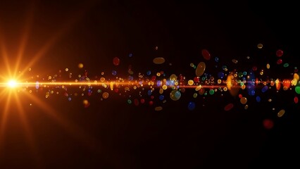 Abstract particle light streaking across dark background with bokeh elements