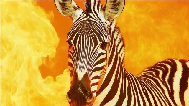 A striking close-up of a zebra's face against an fiery orange backdrop.