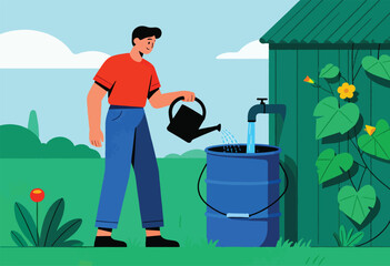 Illustration of a person filling a watering can from a tap into a rain barrel in a garden