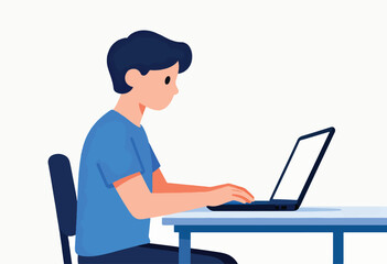 A flat-design illustration of a person with dark hair, typing on a laptop computer. They sit at a desk