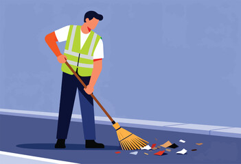 Illustration of a worker sweeping debris from a sidewalk. He wears a safety vest, holding a broom