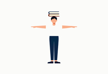 Simple graphic of a person balancing books on head, arms extended, with a white background