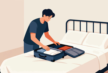 An illustration shows a person packing a suitcase on a bed. Clothes are neatly organized. Bedframe and pillows shown
