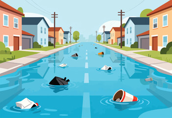 An illustration shows a flooded street in a neighborhood. Debris floats in the water with colorful houses