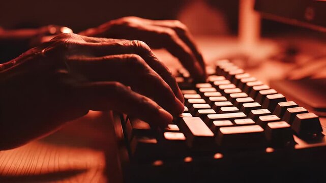 Close up of hands rapidly typing on a mechanical keyboard illuminated by dramatic red and orange low light suggesting coding or hacking activity