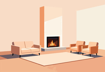 Interior illustration of a living room with sofa, armchairs, fireplace and rug, bathed in a warm, neutral color palette